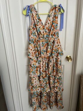 SHEIN Cream Maxi Dress with Teal and Orange Floral Print